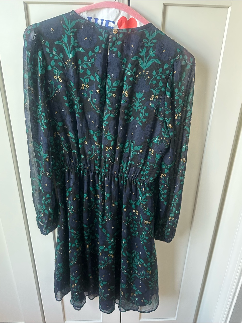 Ann Taylor Navy Floral Long-Sleeve Dress with Green & Gold Print
